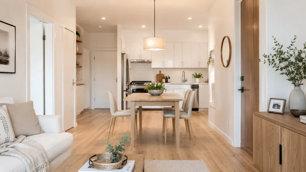 Small Dining Room Ideas for Apartments That Make Every Corner Count 22 Warm small apartment dining space with a light wood table, cream chairs, white kitchen, pale wood flooring, and calm modern decor.
Small Dining Room Ideas for Apartments