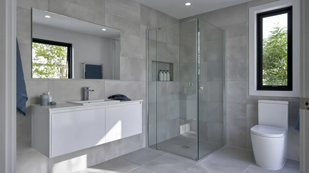 How to Make a Small Bathroom Look Bigger
Bright compact bathroom with neutral tiles, a floating vanity, large mirror, glass shower screen and uncluttered floor.