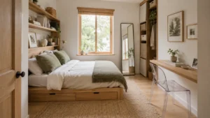 Small bedroom with a storage bed, built-in shelving, floating desk, tall mirror, and slim wardrobe in warm neutral and sage-green tones.
