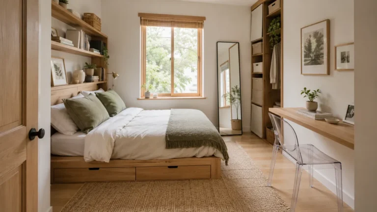 6 Small Bedroom Decorating Ideas to Utilize Space 36 Small bedroom with a storage bed, built-in shelving, floating desk, tall mirror, and slim wardrobe in warm neutral and sage-green tones.