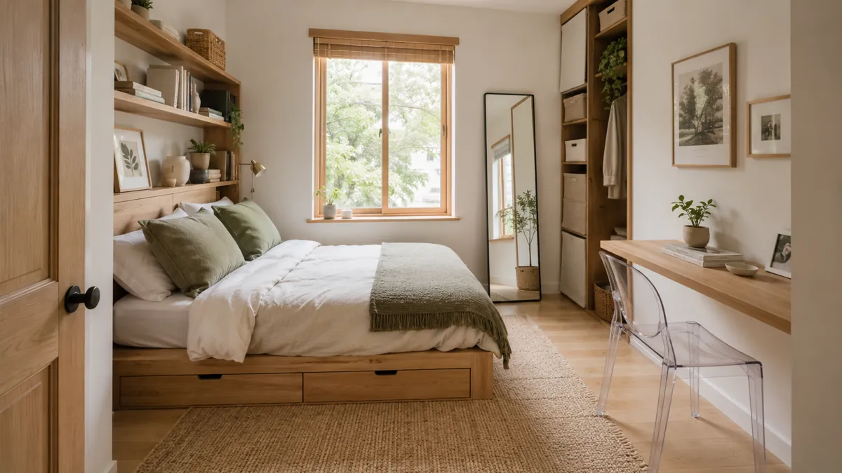 6 Small Bedroom Decorating Ideas to Utilize Space 1 Small bedroom with a storage bed, built-in shelving, floating desk, tall mirror, and slim wardrobe in warm neutral and sage-green tones.