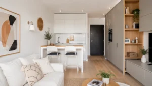Small apartment dining area with a white-and-wood counter table, stools, white kitchen cabinets, pale wood flooring, and modern open-plan layout.