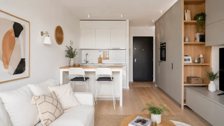 Small Dining Room Ideas for Apartments That Make Every Corner Count 16 Small apartment dining area with a white-and-wood counter table, stools, white kitchen cabinets, pale wood flooring, and modern open-plan layout.