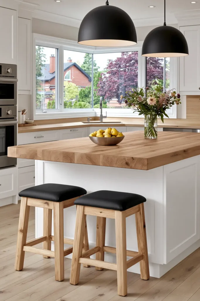 18 Kitchen Island Decor Ideas for Every Layout 10 Slim natural wood kitchen island with two tuck-under stools, black cushioned seats, white cabinetry, and matte-black pendant lights.