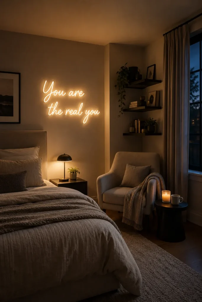 30 Master Bedroom Wall Decor Ideas for a More Personal Space 25 Small glowing script LED sign on a warm beige bedroom wall beside neutral bedding and a cushioned reading chair.