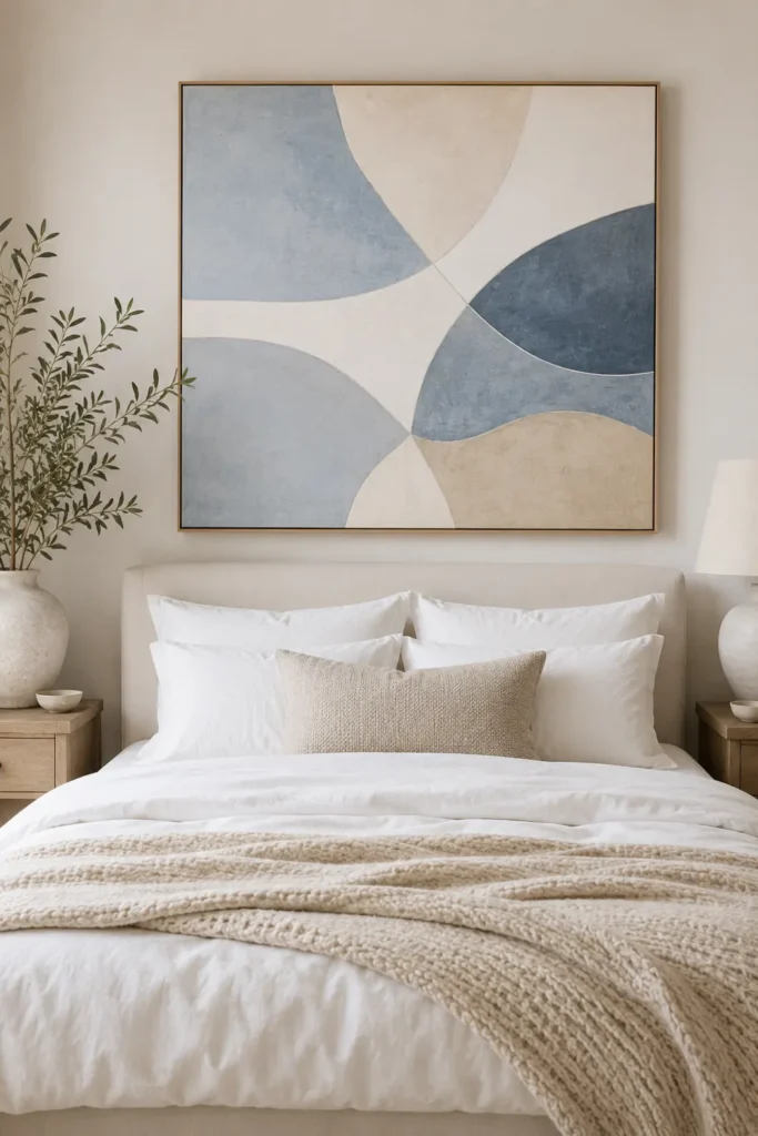 30 Master Bedroom Wall Decor Ideas for a More Personal Space 10 Master bedroom with pale blue, cream, and beige abstract art featuring soft curved shapes above the bed.