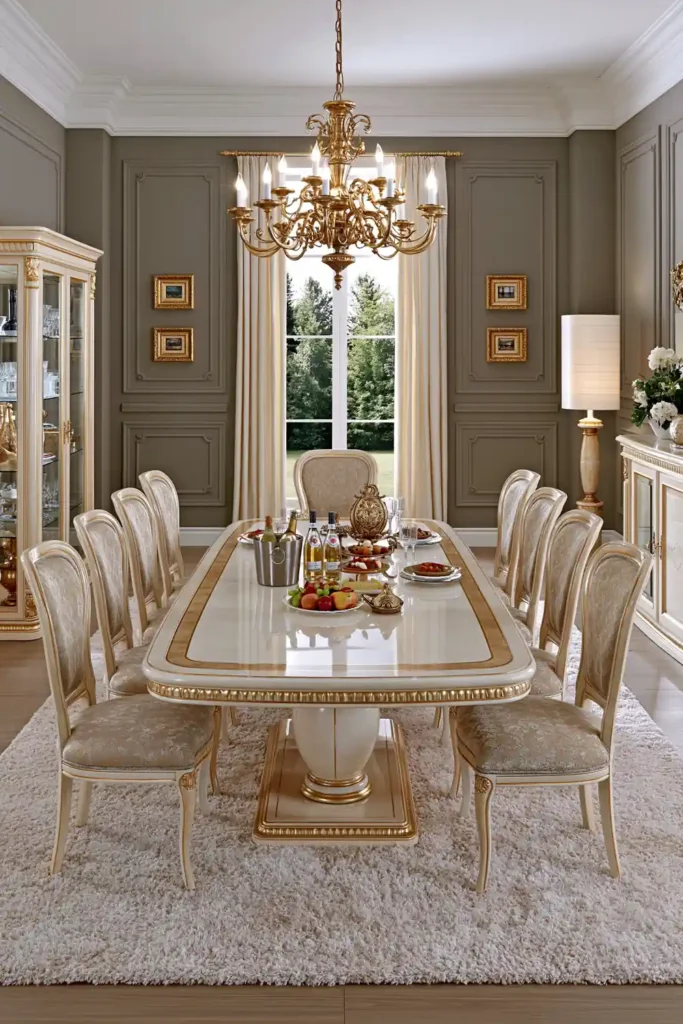 4 Elegant Dining Room Colour Ideas for a Stylish, Attractive Space 3 Sophisticated grey dining room with upholstered chairs, gold-trimmed furniture, panelled walls, a chandelier, and a glass cabinet.