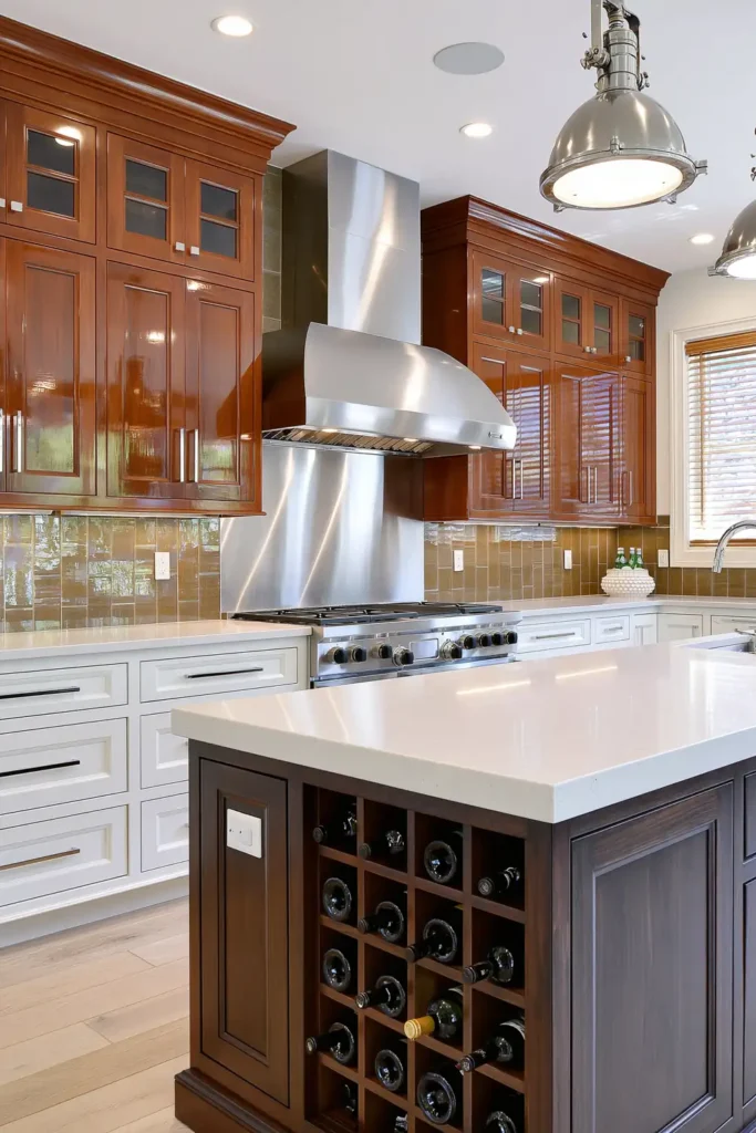 Stainless-steel range backsplash framed by glossy amber-brown wall panels and warm wood cabinetry.