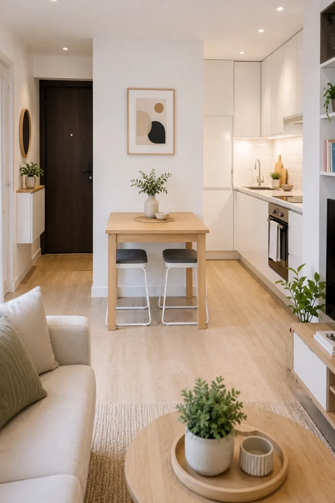 Small Dining Room Ideas for Apartments That Make Every Corner Count 12 Small apartment dining space with a compact light wood table, two stools tucked underneath, white walls, and modern kitchen background.