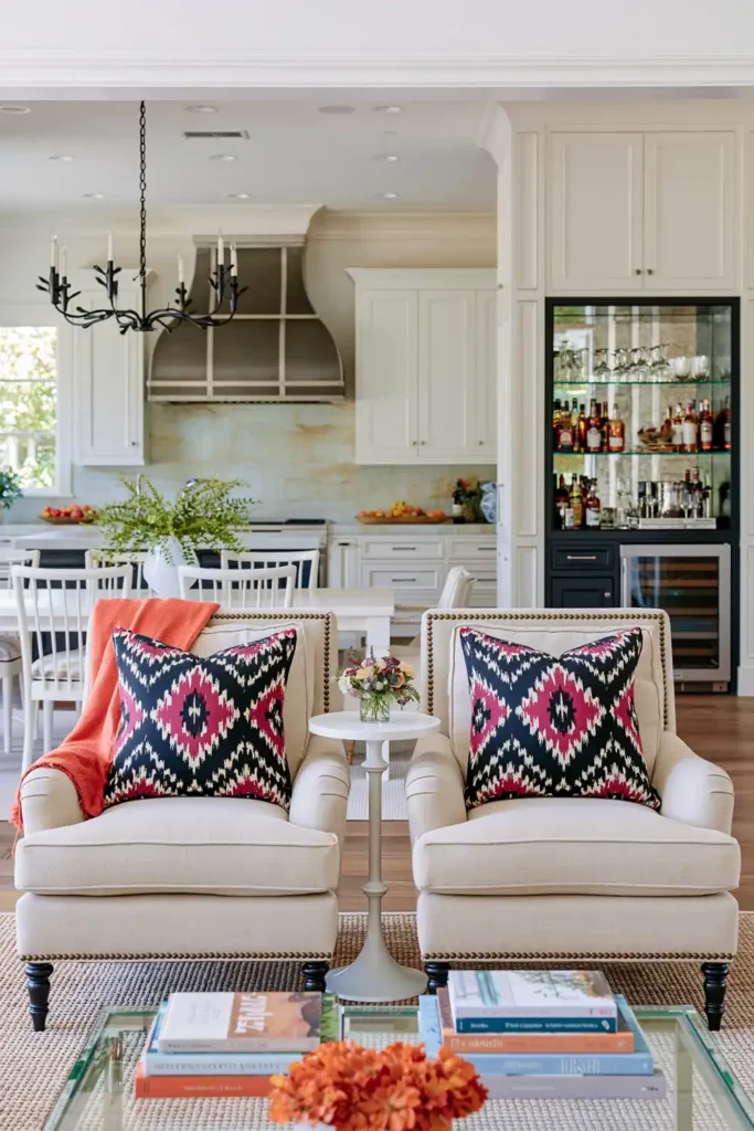 Open living, dining, and kitchen space with patterned armchairs, a black chandelier, metallic range hood, and mirrored bar cabinet.