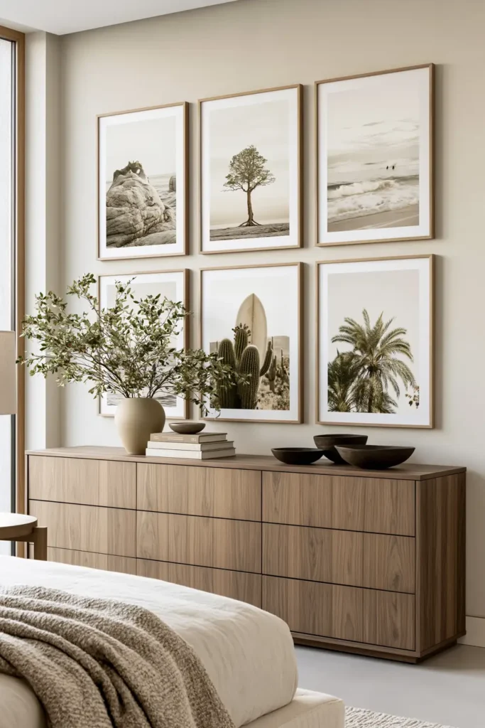 30 Master Bedroom Wall Decor Ideas for a More Personal Space 4 Structured bedroom gallery wall with six black-and-white coastal and nature photographs above a walnut dresser.