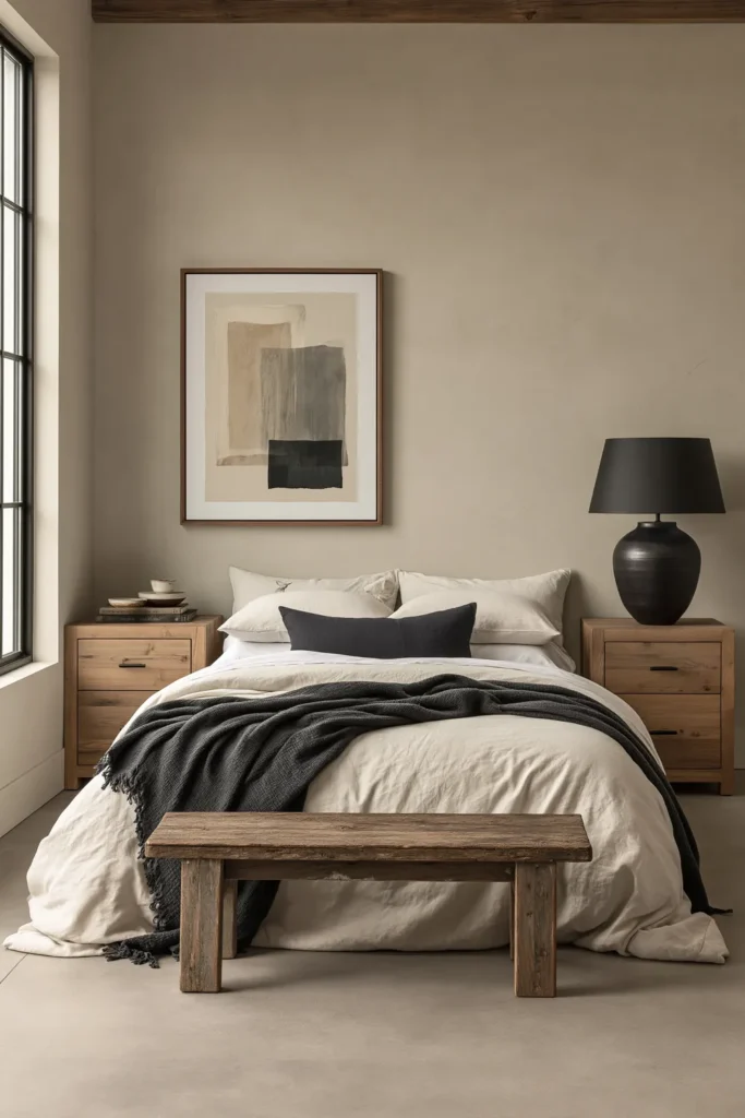 30 Master Bedroom Wall Decor Ideas for a More Personal Space 6 Tall abstract print in cream, beige, gray, and black displayed above one wooden bedroom nightstand.