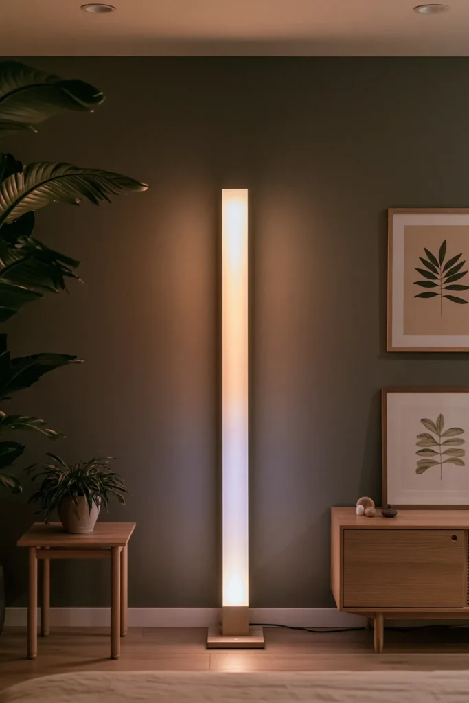 24 Bedroom Lighting Ideas for a Comfortable and Stylish Space 12 Tall rectangular floor lamp casting a warm amber glow in a plant-filled bedroom corner.