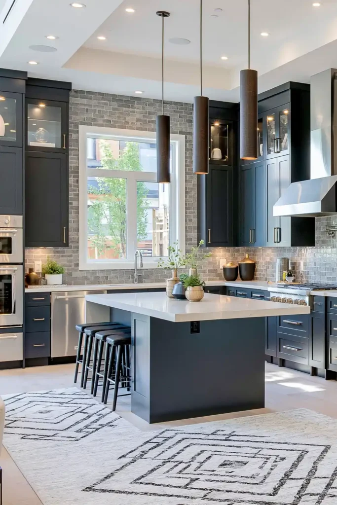 Gray textured subway tile backsplash paired with charcoal cabinets in a wide modern kitchen.