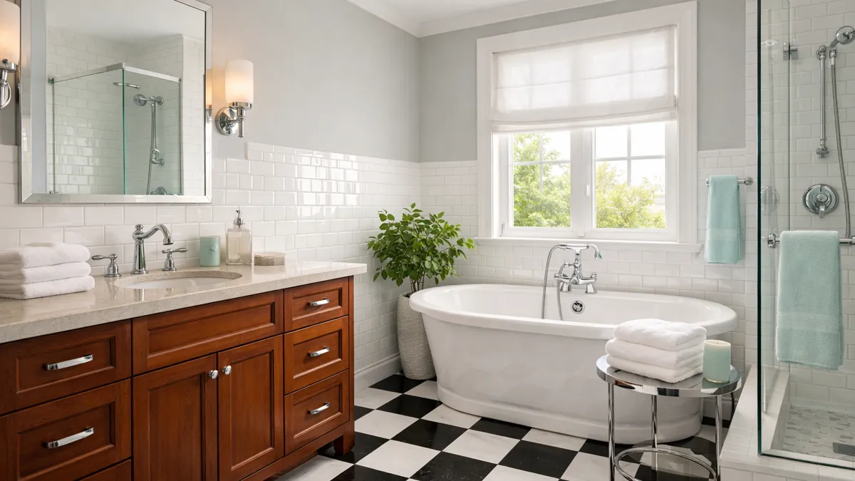 Bathroom Color Schemes That Never Go Out of Style 1 Timeless bathroom color schemes with checkerboard tile, aqua accents, gray walls, chrome fixtures, and warm wood vanity