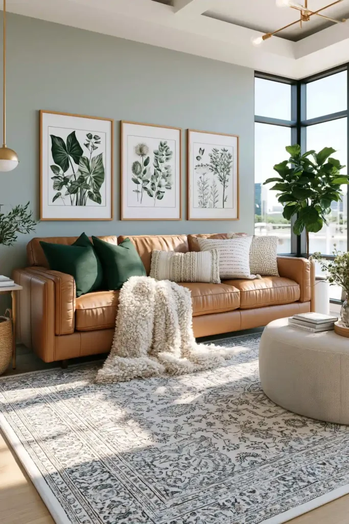 23 Living Room Wall Decor Ideas Above the Couch for a Stylish Sofa Wall 3 Camel leather sofa with three framed botanical prints above it