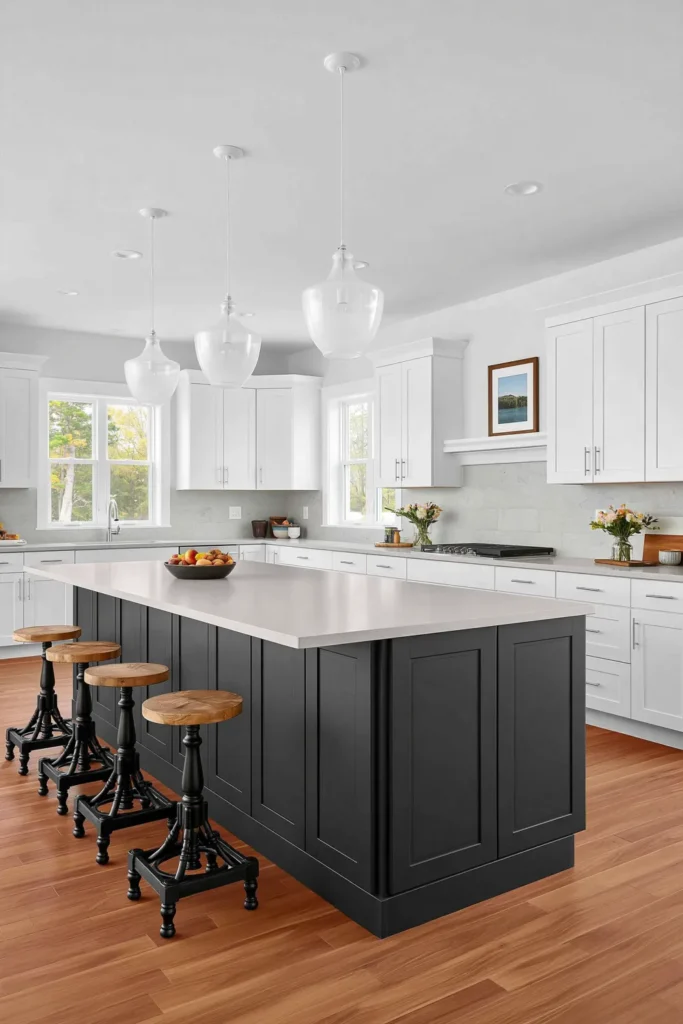 18 Kitchen Island Decor Ideas for Every Layout 14 Large dark blue-gray kitchen island with four wood-seat stools, white glass pendants, white cabinetry, and honey-toned flooring.