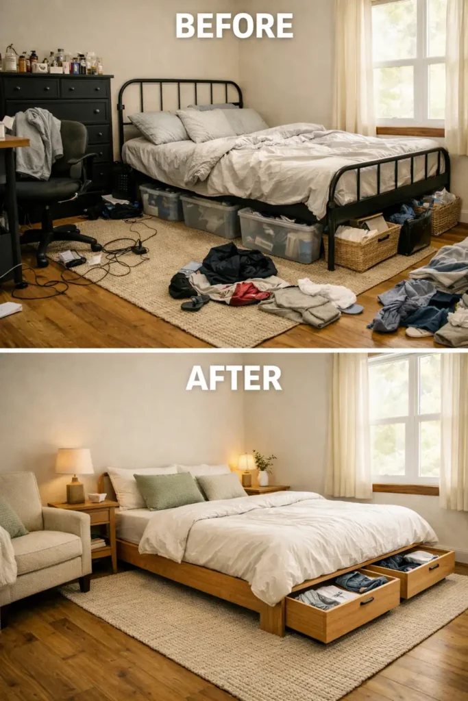 6 Small Bedroom Decorating Ideas to Utilize Space 4 Small bedroom before-and-after comparison showing clutter replaced by organized under-bed storage drawers.