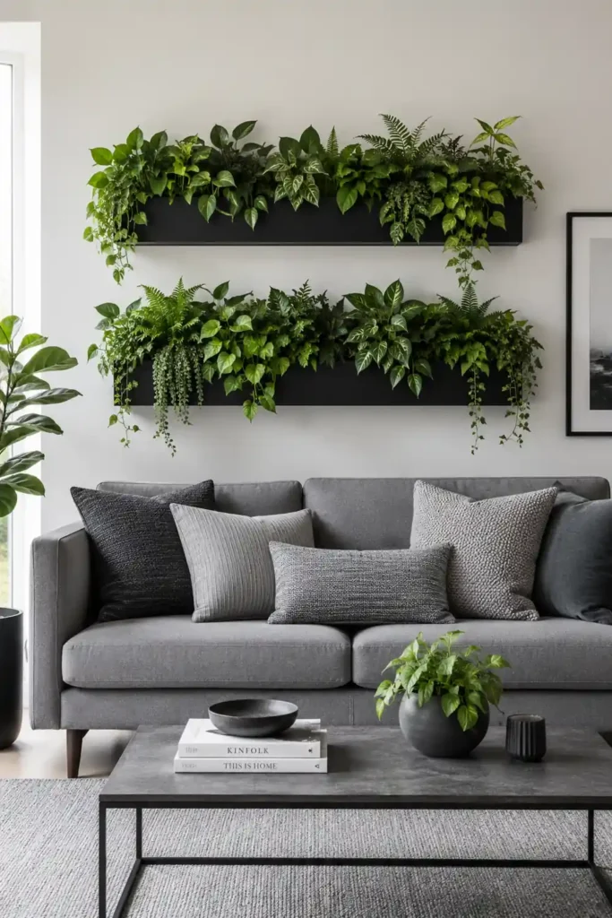 23 Living Room Wall Decor Ideas Above the Couch for a Stylish Sofa Wall 19 Grey sofa with two long black wall planters filled with green plants above it