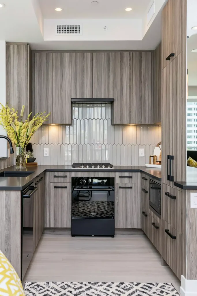 Vertical pale gray picket hexagon backsplash behind a black range in a compact modern kitchen.