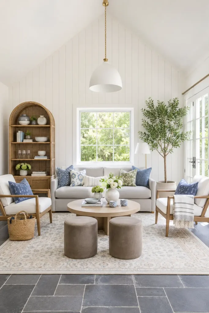 7 Modern Farmhouse Living Room Decor Ideas for a Warm, Relaxed Space 5 Modern farmhouse living room with white vertical shiplap, a gray sofa, white armchairs, rattan shelving, pale wood furniture, and a tall indoor tree.