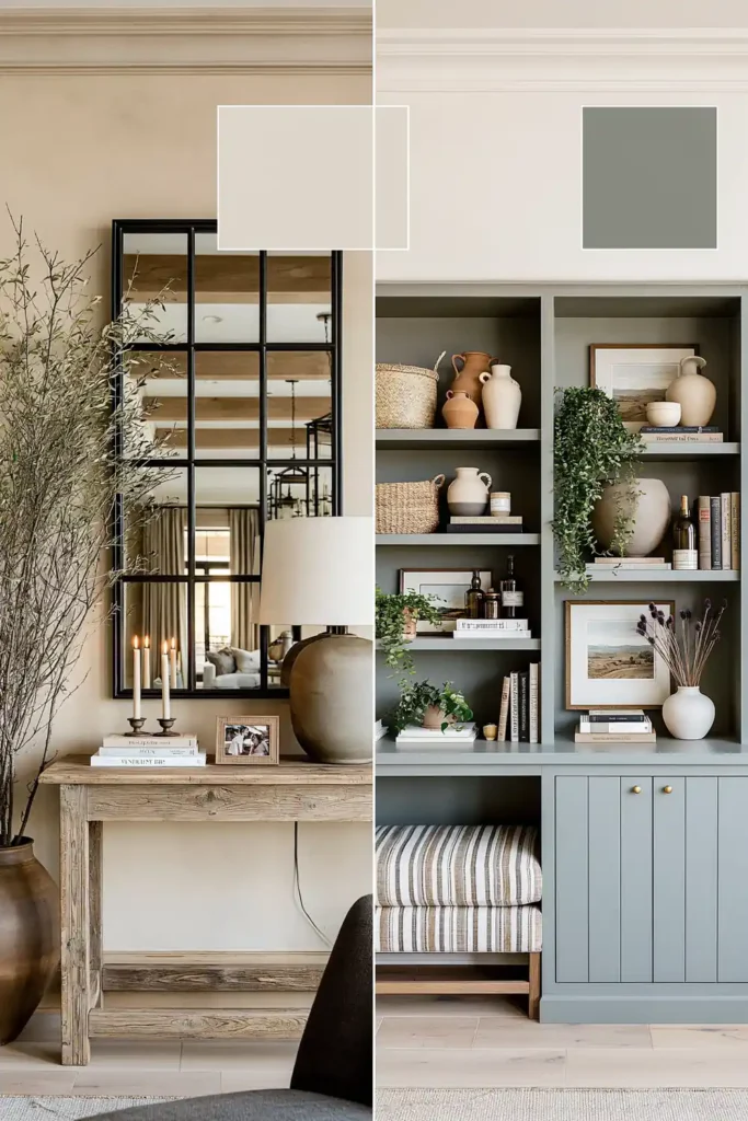 7 Modern Farmhouse Living Room Decor Ideas for a Warm, Relaxed Space 8 Vintage modern farmhouse decor with a weathered wood console, windowpane mirror, ceramic lamp, blue-green built-in shelves, baskets, books, and aged accessories.
