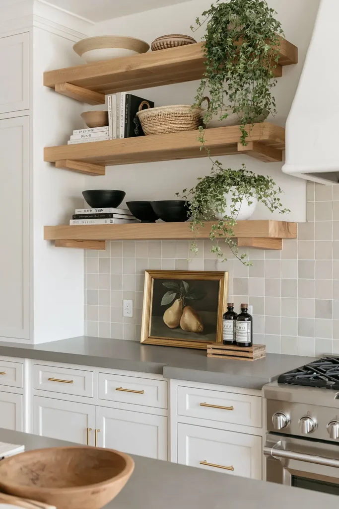 Modern Farmhouse Kitchen Decor Ideas for a Warm and Practical Home 6 Modern farmhouse kitchen counter with open wood shelves, bowls, books, framed pear art, and a trailing plant.