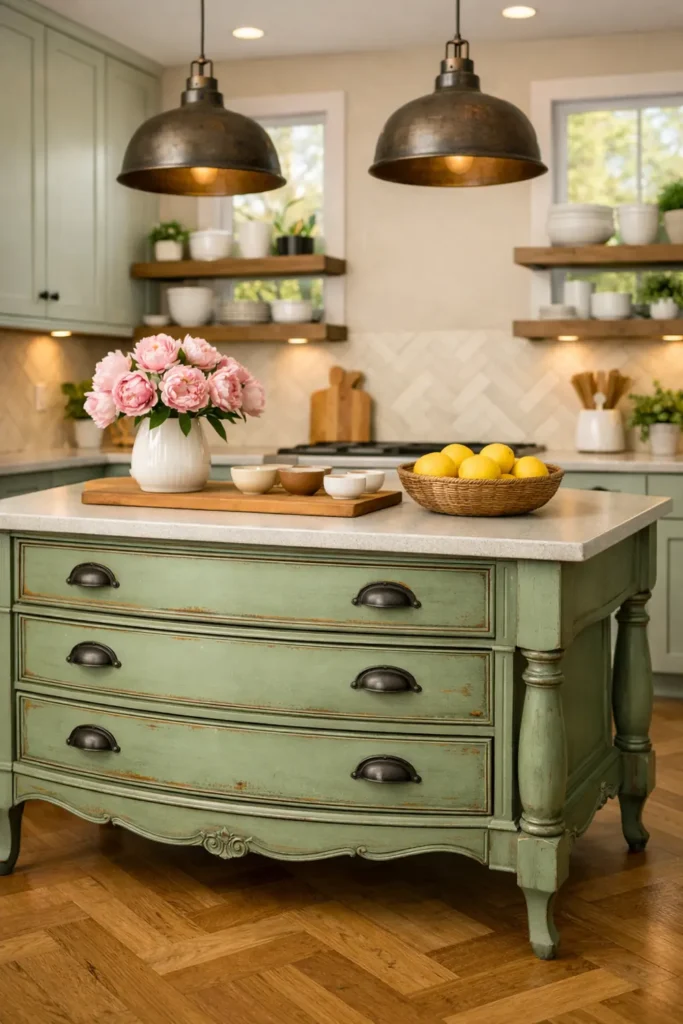 18 Kitchen Island Decor Ideas for Every Layout 19 Muted sage-green vintage dresser used as a kitchen island with curved drawers, distressed paint, wood top, flowers, and cottage cabinetry.