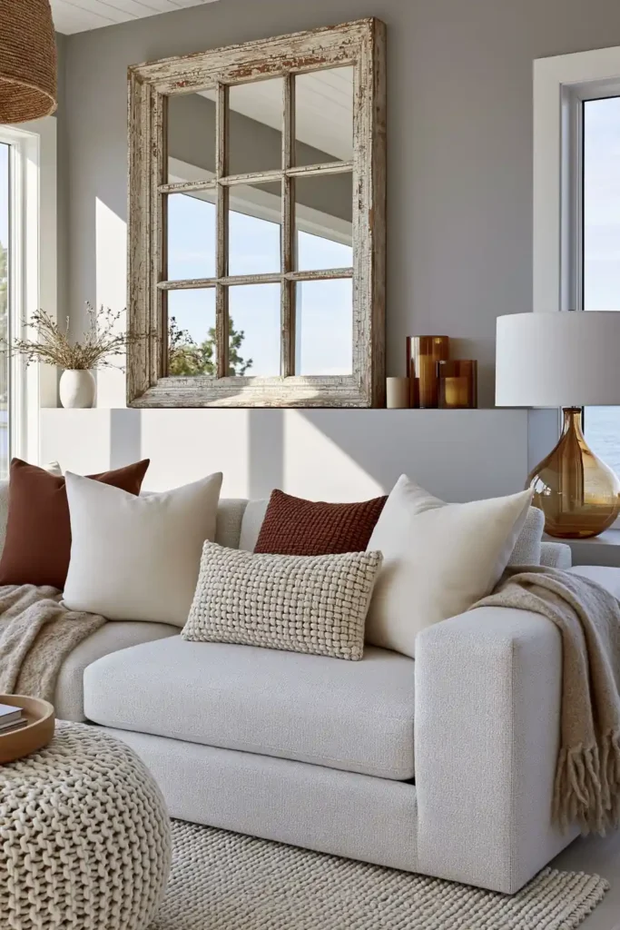 23 Living Room Wall Decor Ideas Above the Couch for a Stylish Sofa Wall 21 Weathered vintage window frame above a sofa with cream pillows and warm wall shadows