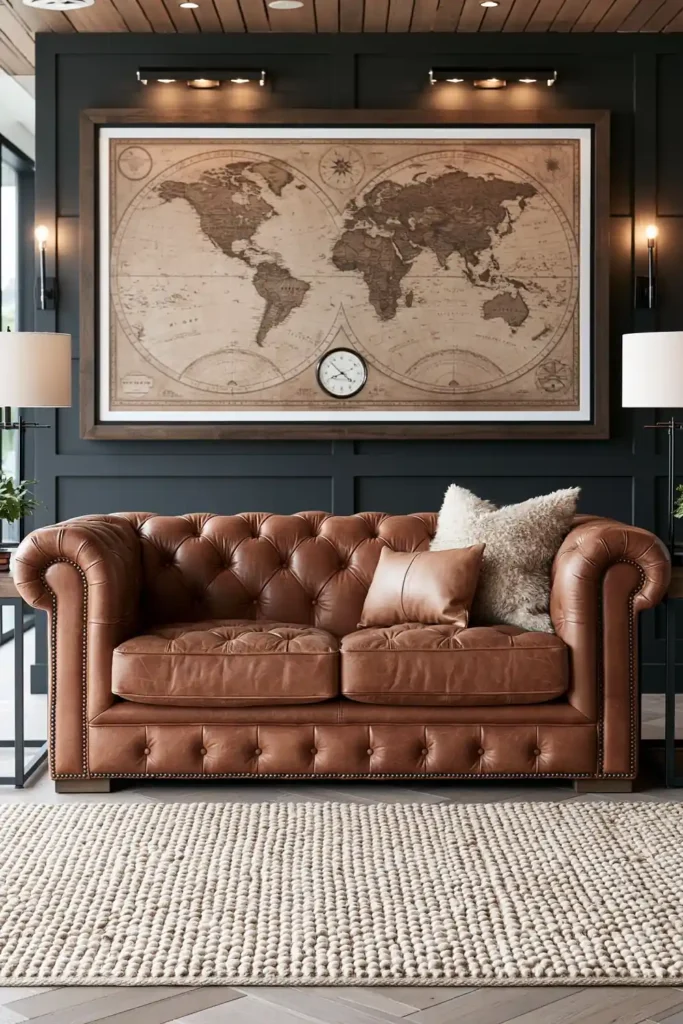 23 Living Room Wall Decor Ideas Above the Couch for a Stylish Sofa Wall 8 Brown leather Chesterfield sofa below a large framed vintage world map