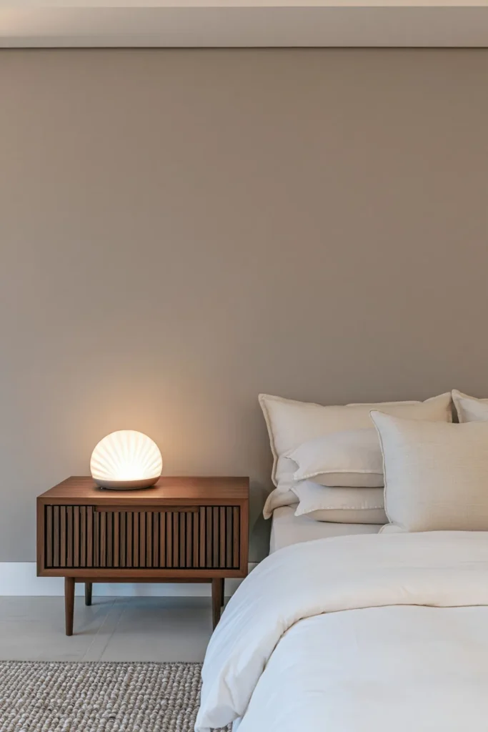 24 Bedroom Lighting Ideas for a Comfortable and Stylish Space 5 Dome-shaped wake-up light glowing peach-orange on a wooden nightstand beside cream bedding.