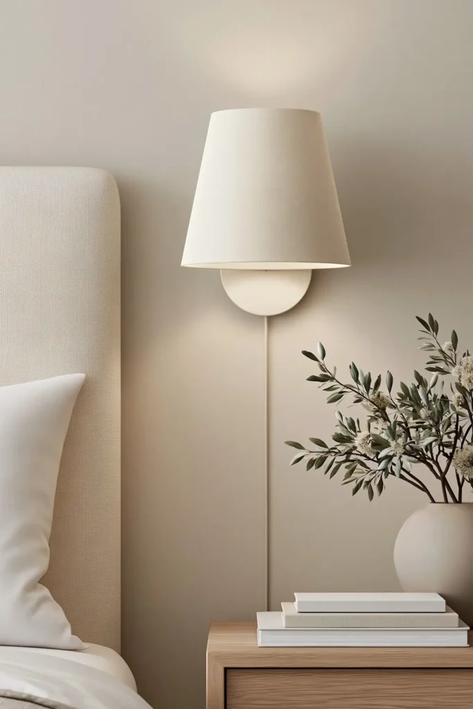 30 Master Bedroom Wall Decor Ideas for a More Personal Space 15 Warm wall-mounted bedroom sconce with a pale cone shade beside a cream upholstered headboard and wooden nightstand.