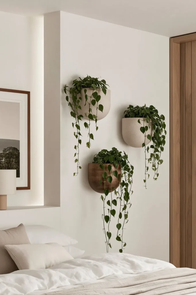 30 Master Bedroom Wall Decor Ideas for a More Personal Space 17 Three pale wall-mounted planters with lush trailing greenery above neutral bedroom bedding.