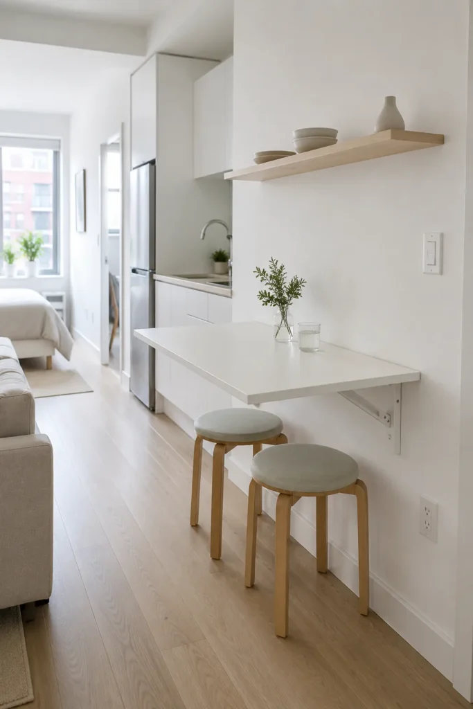 Small Dining Room Ideas for Apartments That Make Every Corner Count 11 Tiny apartment dining area with a slim wall-mounted table, stools tucked underneath, white walls, and pale wood flooring.