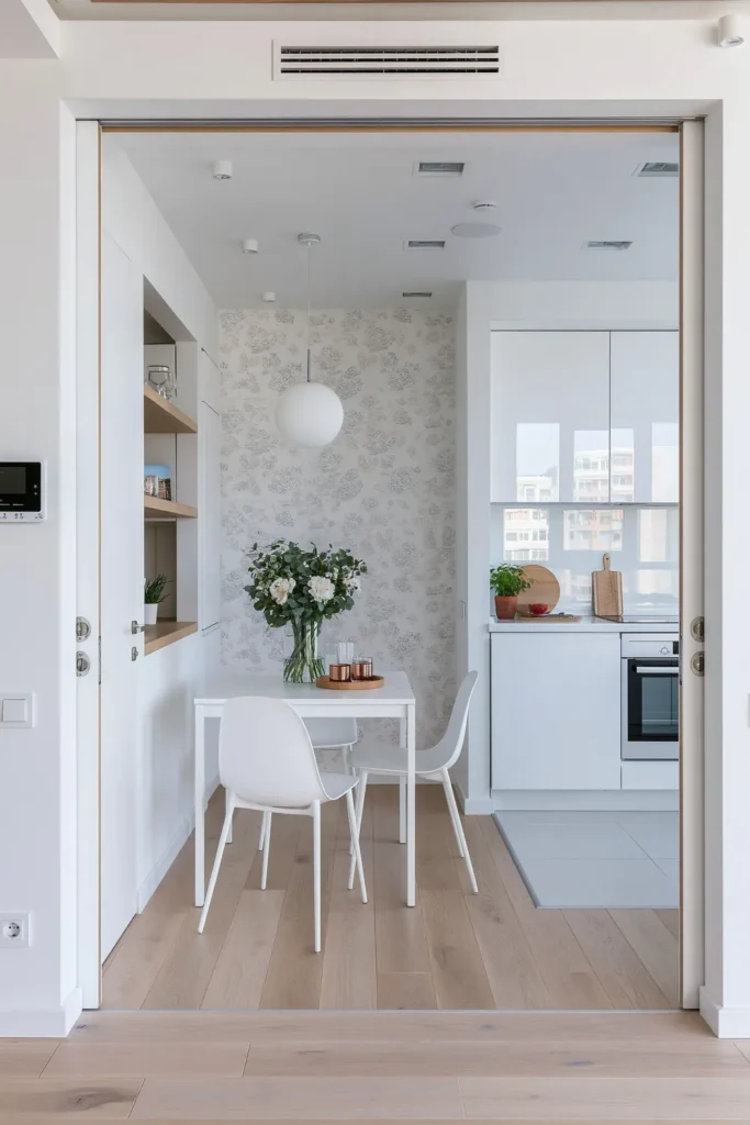 Small Dining Room Ideas for Apartments That Make Every Corner Count 15 Small apartment dining area with a compact white table, slim chairs, pale wood flooring, and wallpaper accent wall defining the space.