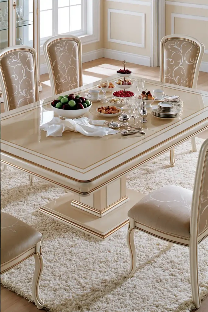 4 Elegant Dining Room Colour Ideas for a Stylish, Attractive Space 2 Warm beige dining room with a glossy cream table, gold trim, patterned upholstered chairs, and an elegant table setting.