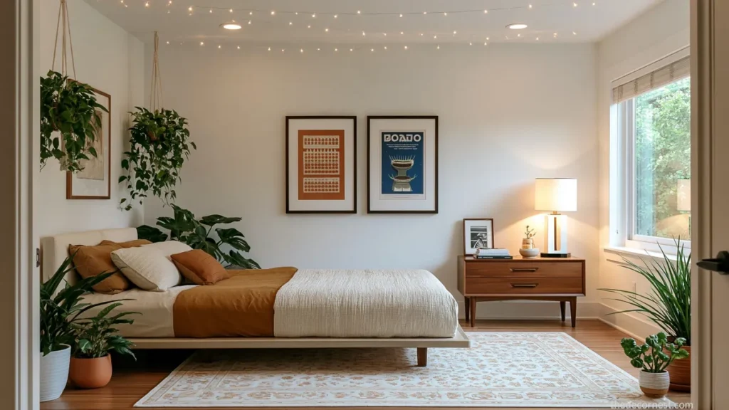 24 Bedroom Lighting Ideas for a Comfortable and Stylish Space 26 Bright plant-filled bedroom with warm ceiling string lights, mustard bedding, and golden sunlight.