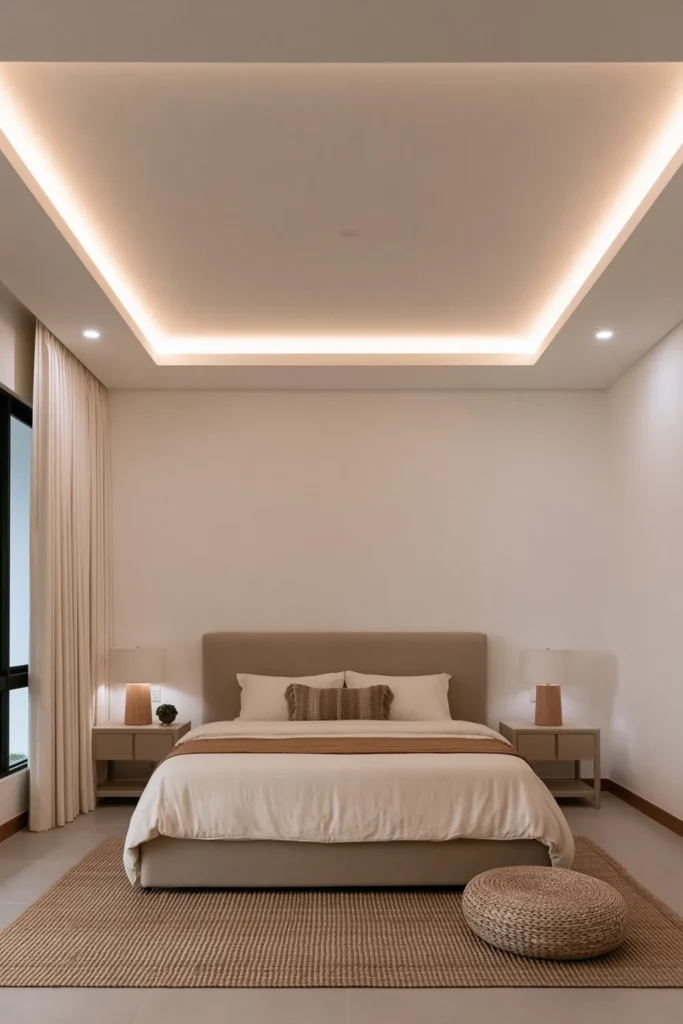 24 Bedroom Lighting Ideas for a Comfortable and Stylish Space 19 Neutral bedroom with warm LED cove lighting outlining a rectangular recessed ceiling above a beige bed.