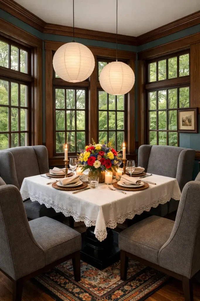 Dining Room Lighting Ideas to Create the Perfect Mood 5 Inviting dining nook with white globe lights, grey wingback chairs, a candlelit table, teal walls, and tall timber-framed windows.