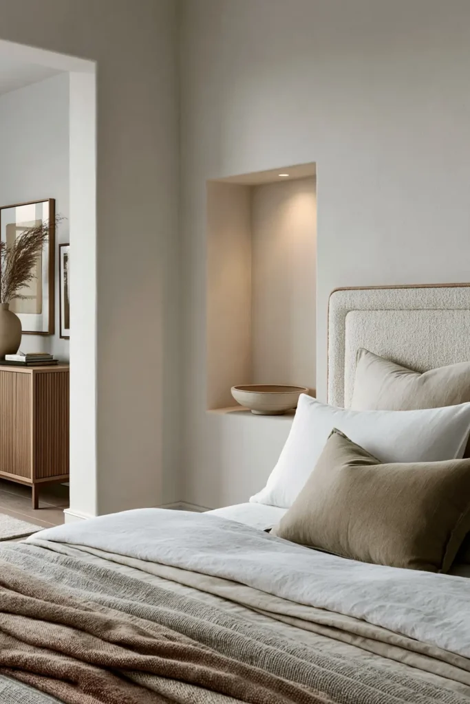 30 Master Bedroom Wall Decor Ideas for a More Personal Space 24 Warm-lit built-in bedroom wall niche with a ceramic bowl beside a neutral upholstered bed.
