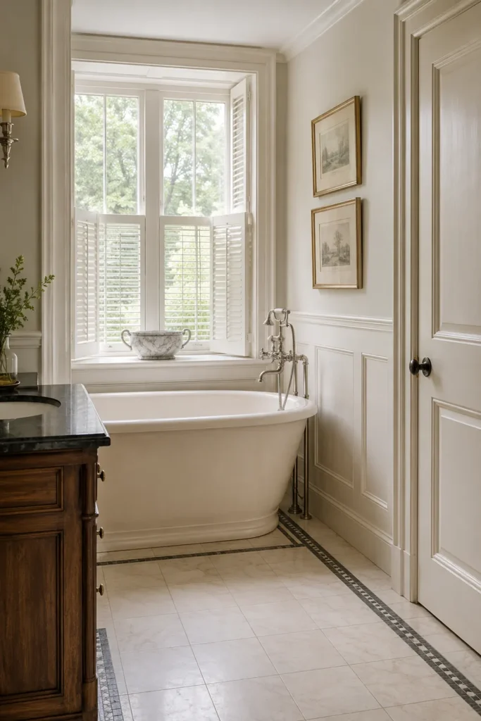 30 Modern Farmhouse Bathroom Decor Ideas for a Warm, Updated Space 5 Warm neutral modern farmhouse bathroom with a cream bathtub, white shutters, framed art, and pale tiled flooring.