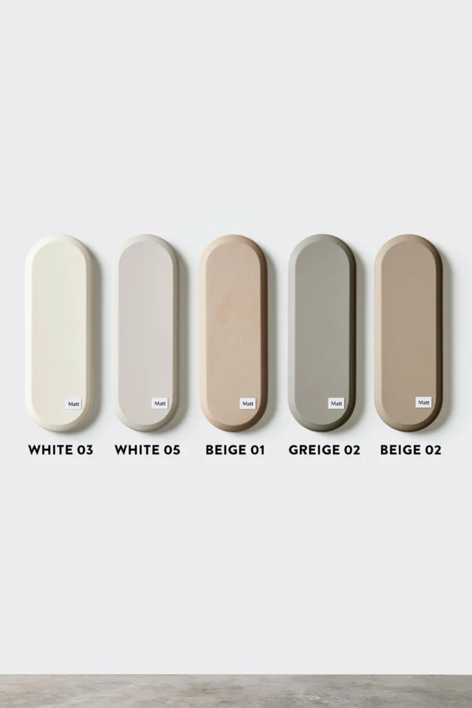 7 Modern Farmhouse Living Room Decor Ideas for a Warm, Relaxed Space 2 Modern farmhouse neutral colour palette with creamy white, warm gray-beige, sandy beige, greige, and medium tan paint swatches.