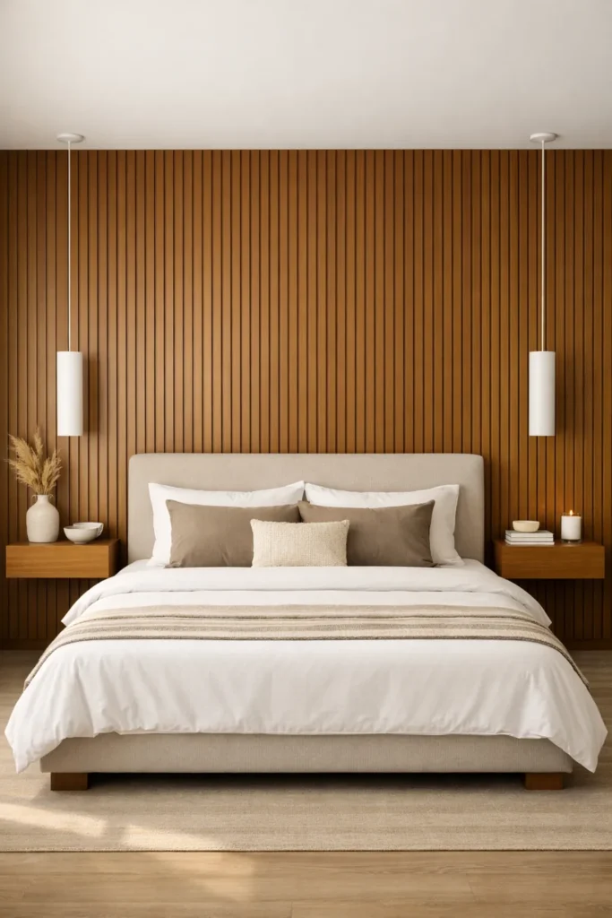 30 Master Bedroom Wall Decor Ideas for a More Personal Space 22 Warm-brown timber slat wall behind a pale upholstered bed with floating wooden nightstands and white wall lights.