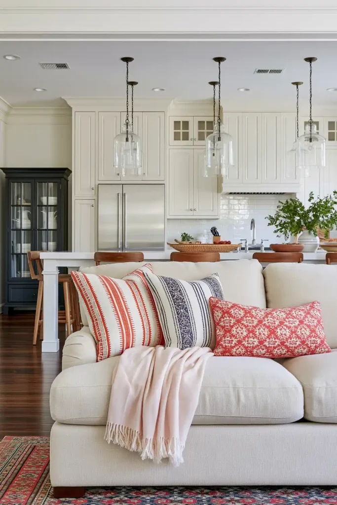 Open living room with a beige slipcovered sofa, warm patterned pillows, a multicolored rug, and a bright white kitchen.