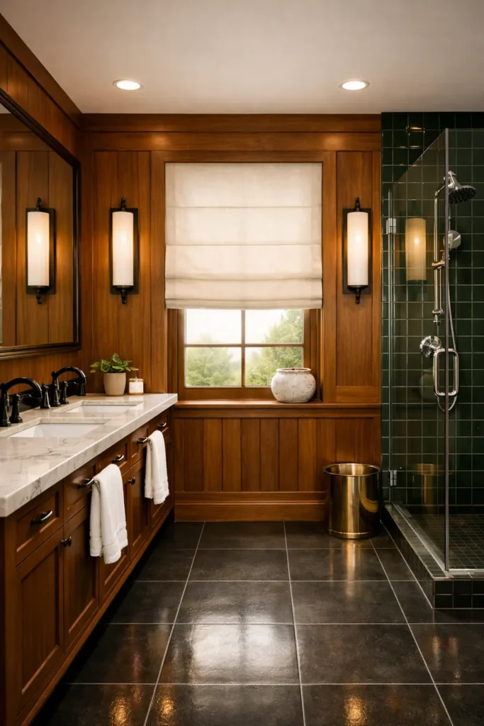30 Modern Farmhouse Bathroom Decor Ideas for a Warm, Updated Space 10 Modern farmhouse bathroom with a warm wood double vanity, veined stone counter, deep-green shower tile, and charcoal flooring.