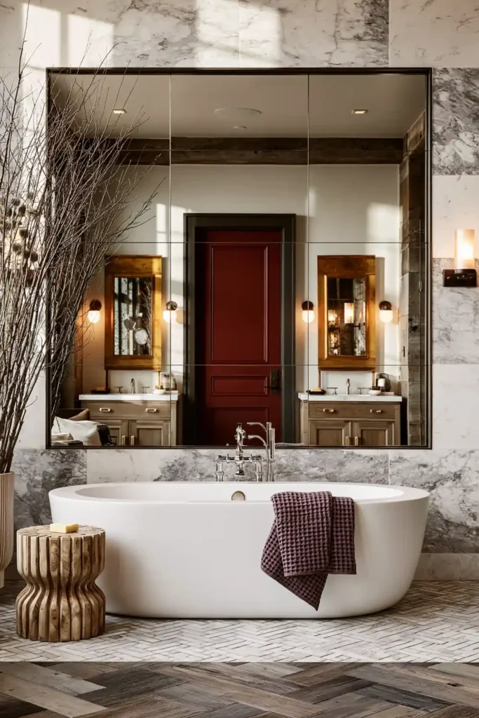 30 Modern Farmhouse Bathroom Decor Ideas for a Warm, Updated Space 19 Bright modern farmhouse bathroom with a white freestanding tub, marble herringbone floor, oversized mirror, and natural light.