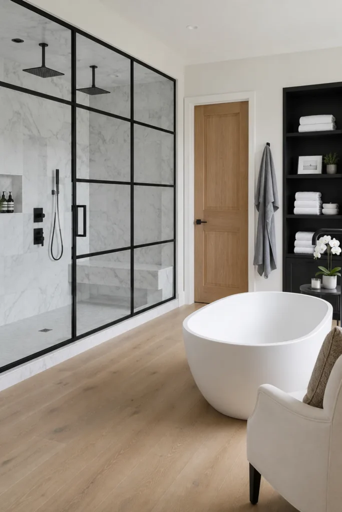 30 Modern Farmhouse Bathroom Decor Ideas for a Warm, Updated Space 24 Spacious modern farmhouse bathroom with a white oval tub, black grid shower enclosure, marble walls, and warm wood flooring.