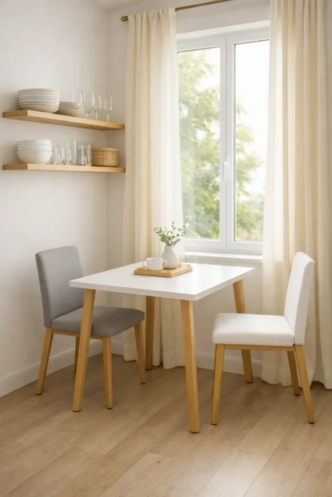 Small Dining Room Ideas for Apartments That Make Every Corner Count 9 Small apartment dining space beside a window with floating shelves for dishes and glassware, cream curtains, and a compact white table.