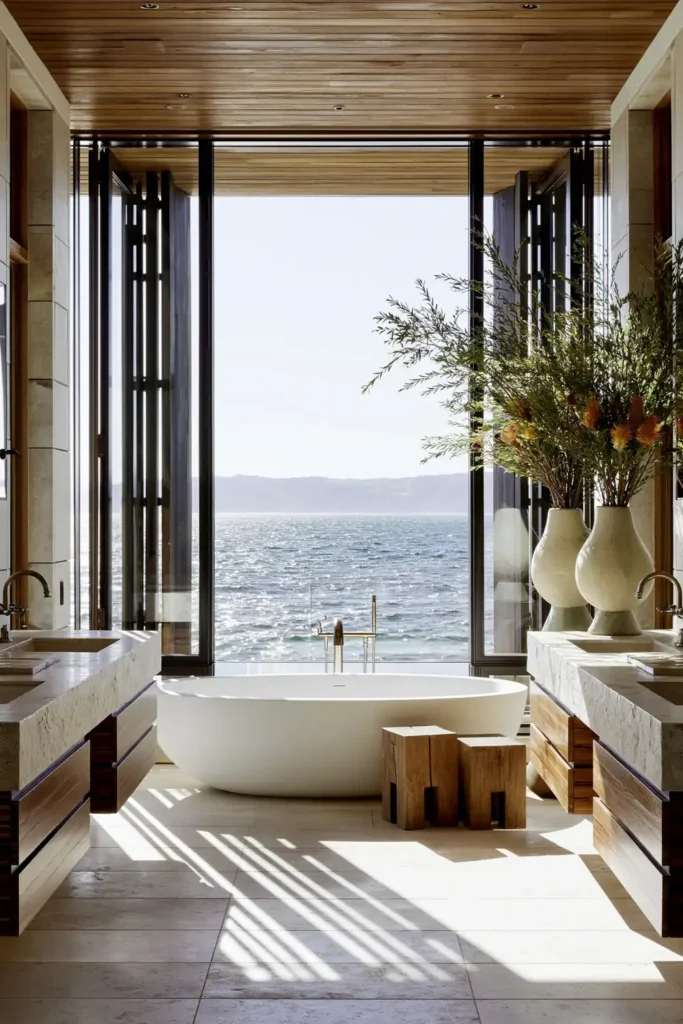 30 Modern Farmhouse Bathroom Decor Ideas for a Warm, Updated Space 17 Architectural bathroom with a white freestanding tub, warm wood ceiling, floating wood vanities, and panoramic ocean view.