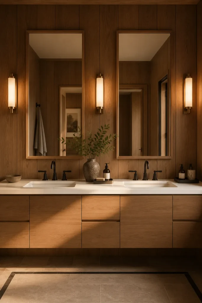 30 Modern Farmhouse Bathroom Decor Ideas for a Warm, Updated Space 6 Modern farmhouse bathroom with a long wood double vanity, white countertop, dark metal faucets, and framed mirrors.